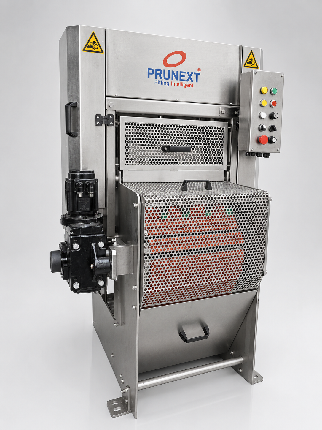 Descarozadora de cerezas PRUNEXT X40C, vista lateral en acero inoxidable